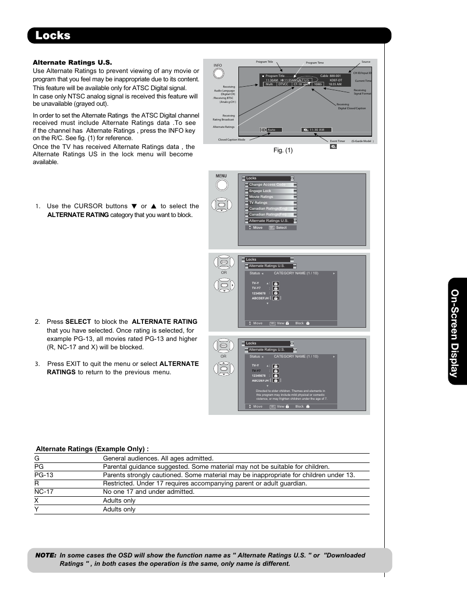 Locks, On-scr een display, Alternate ratings (example only) | Yadults only | Hitachi 50C20A User Manual | Page 45 / 80