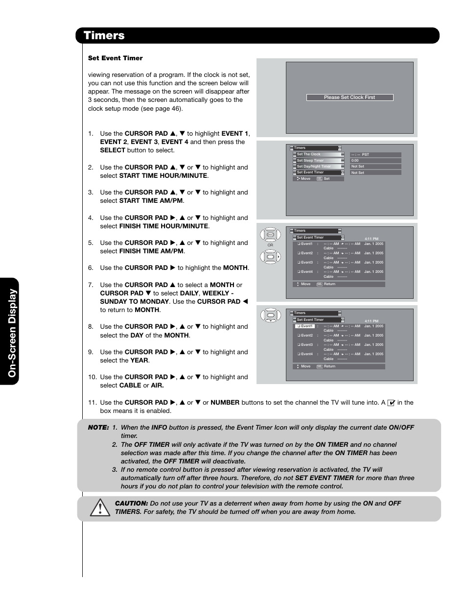 Timers, On-scr een display | Hitachi 50C20A User Manual | Page 48 / 80