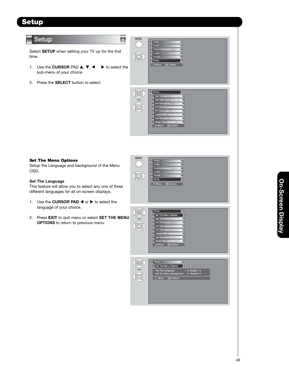 Setup, On-scr een display | Hitachi 50C20A User Manual | Page 49 / 80