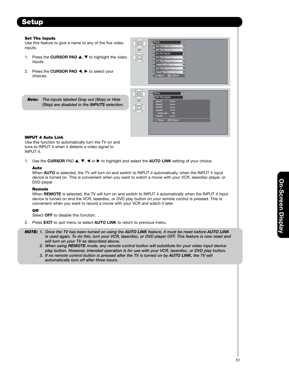 Setup, On-scr een display | Hitachi 50C20A User Manual | Page 51 / 80