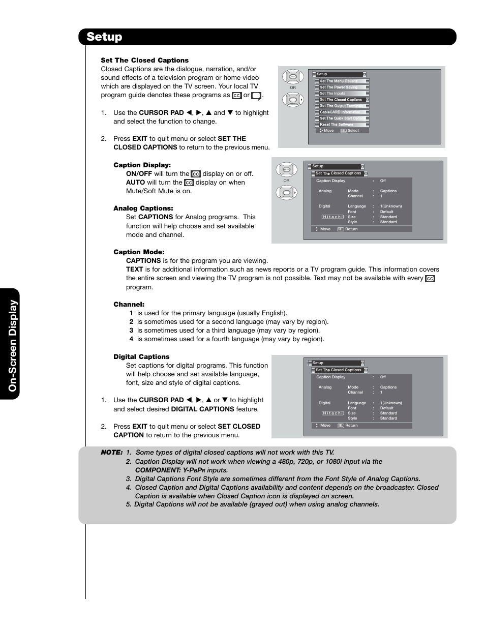 Setup, On-scr een display | Hitachi 50C20A User Manual | Page 52 / 80