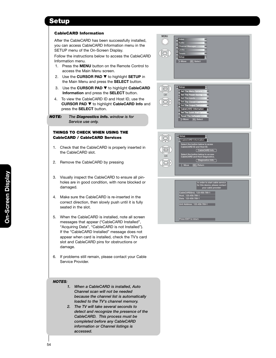 Setup, On-scr een display | Hitachi 50C20A User Manual | Page 54 / 80