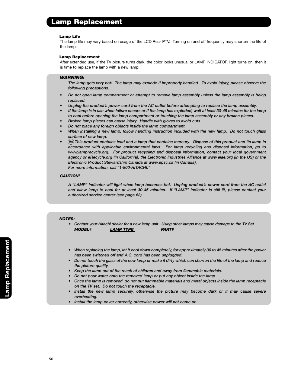 Lamp replacement | Hitachi 50C20A User Manual | Page 56 / 80