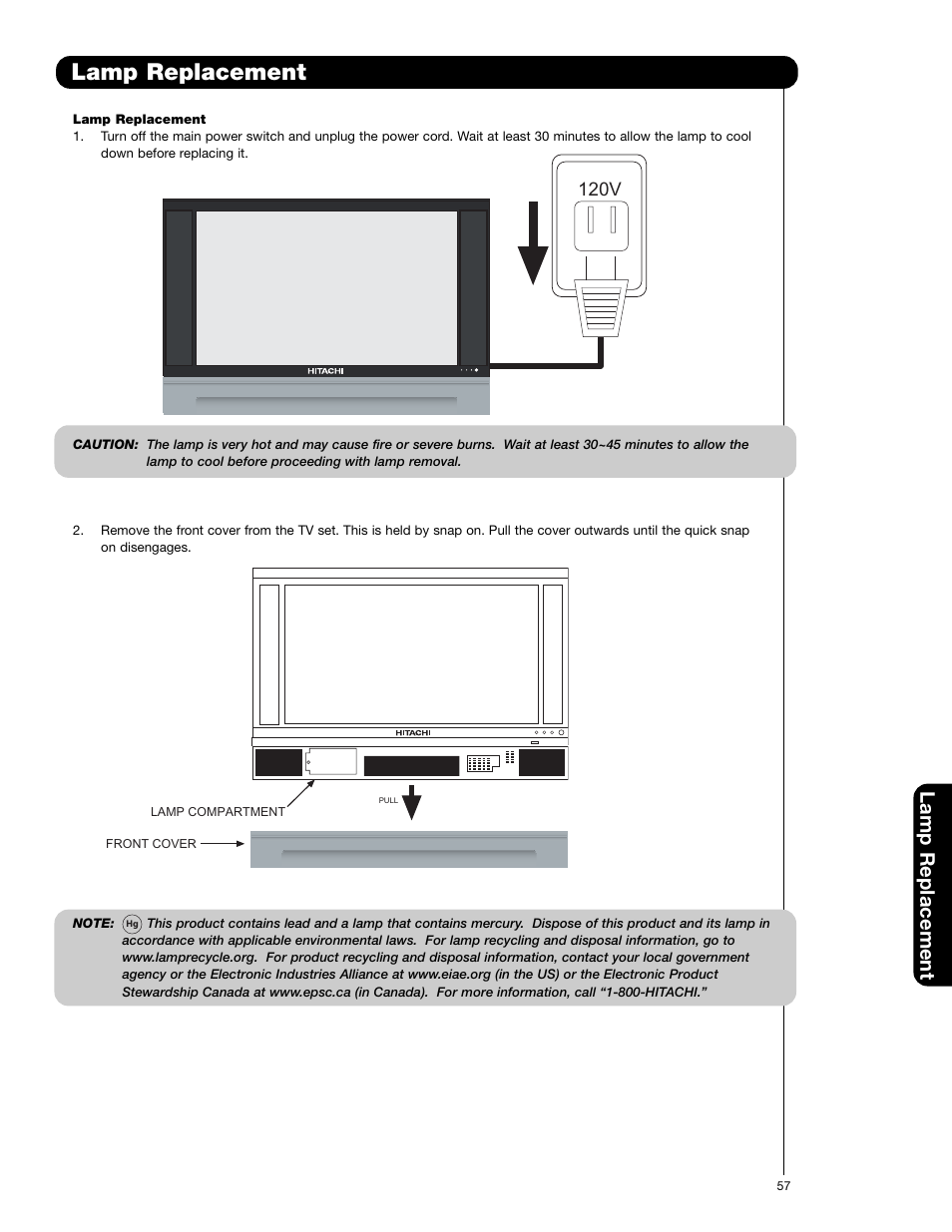 Lamp replacement, 120v | Hitachi 50C20A User Manual | Page 57 / 80