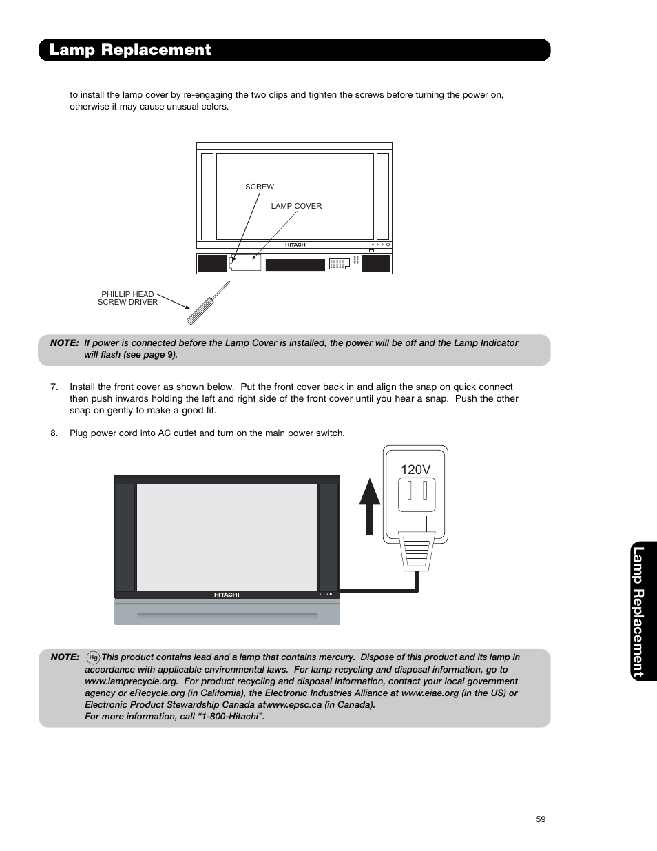 Lamp replacement, 120v | Hitachi 50C20A User Manual | Page 59 / 80