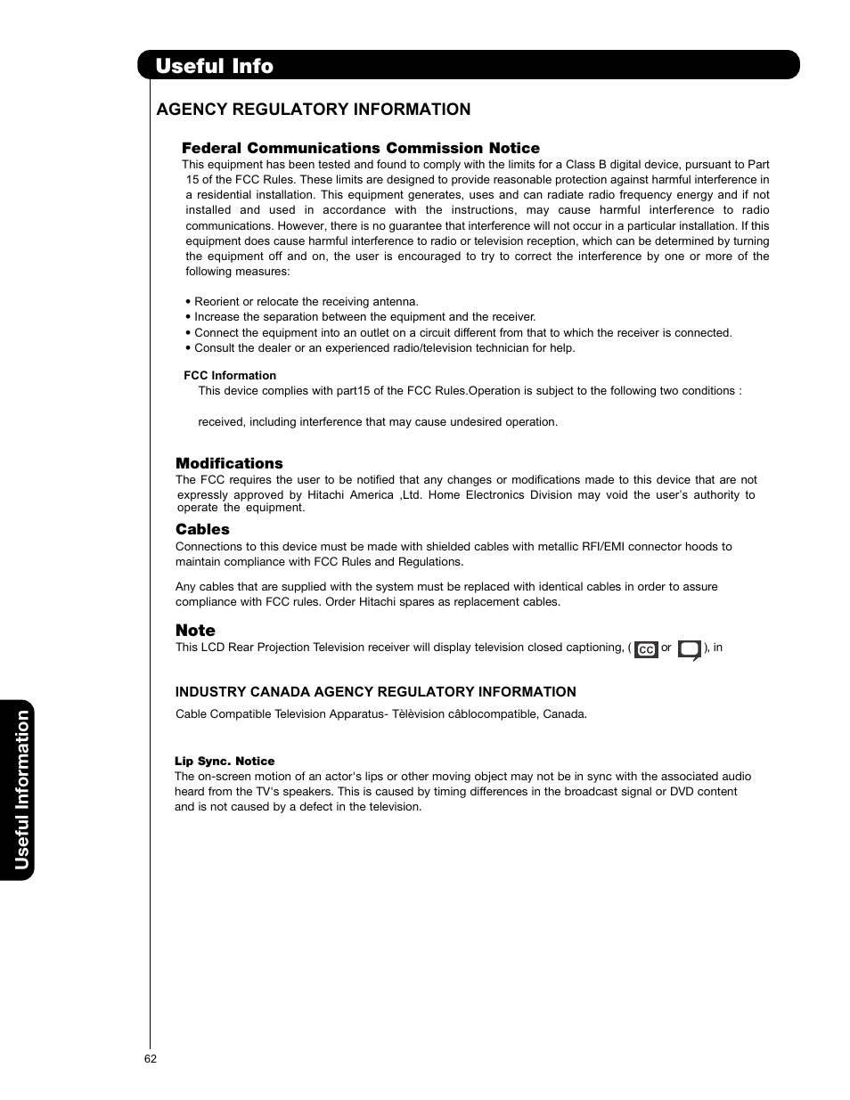 Useful info, Useful information, Agency regulatory information | Hitachi 50C20A User Manual | Page 62 / 80
