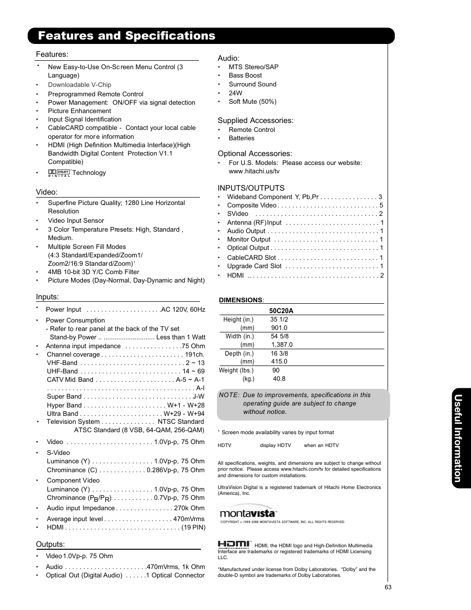 Features and specifications, Useful information | Hitachi 50C20A User Manual | Page 63 / 80