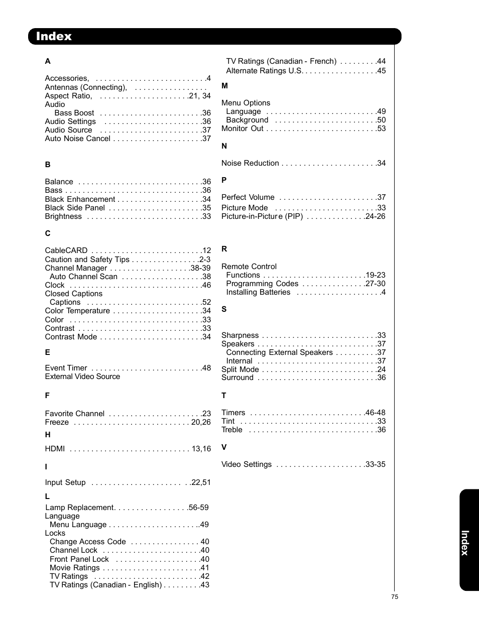 Index | Hitachi 50C20A User Manual | Page 75 / 80