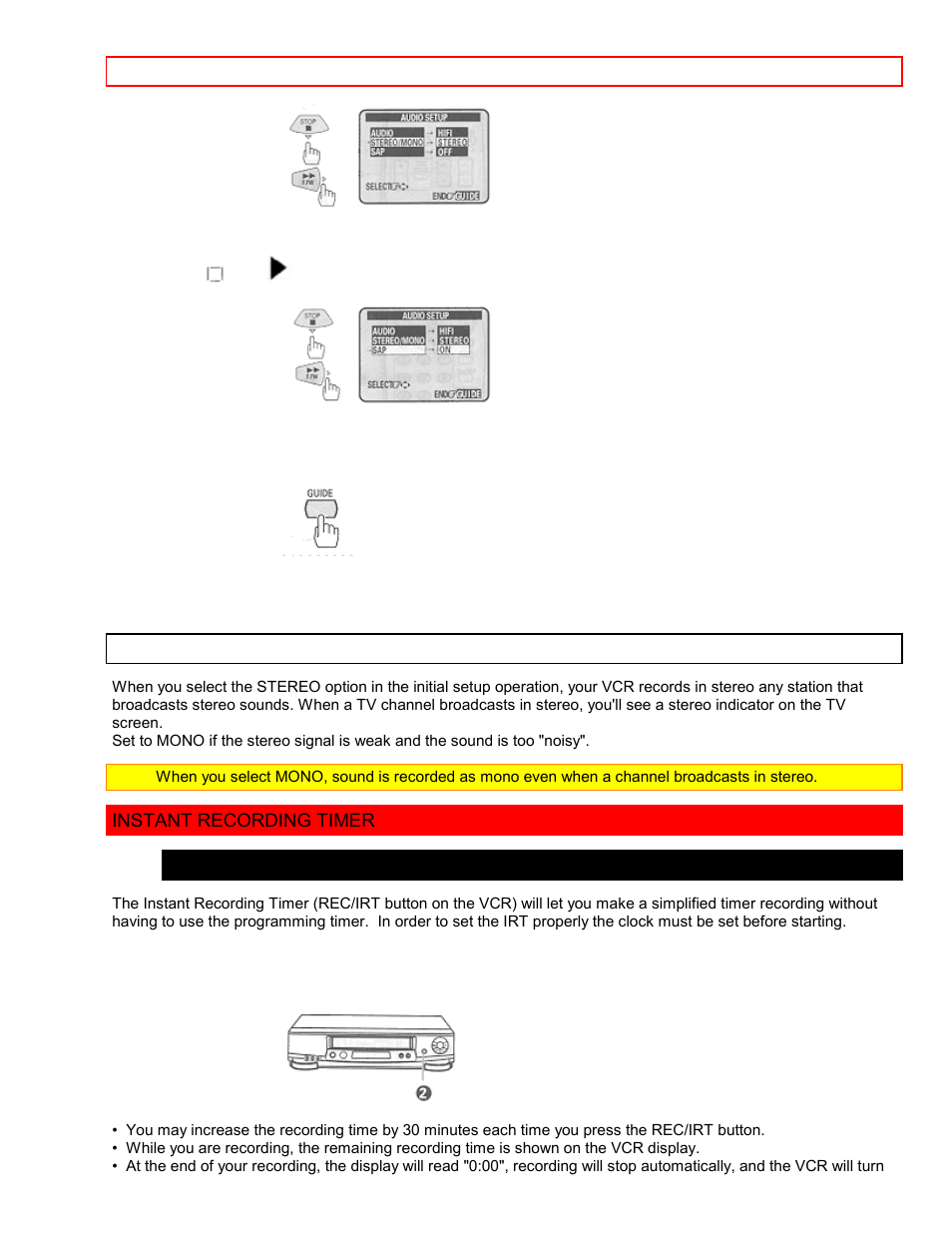 Stereo vs. mono sound, Instant recording timer, Using the instant recording timer (irt) | Hitachi VT-FX6411A User Manual | Page 53 / 81