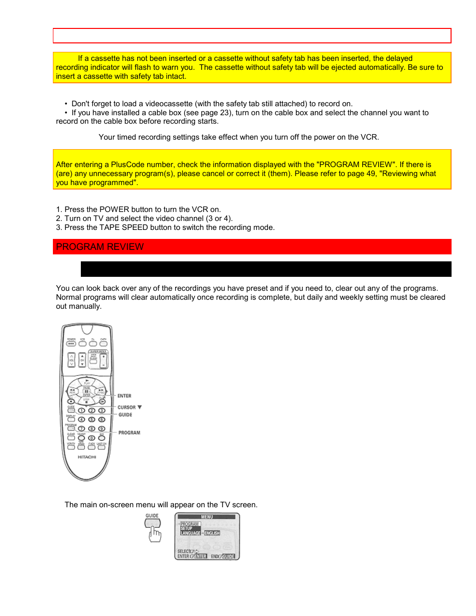 Program review, Reviewing what you have programmed | Hitachi VT-FX6411A User Manual | Page 69 / 81