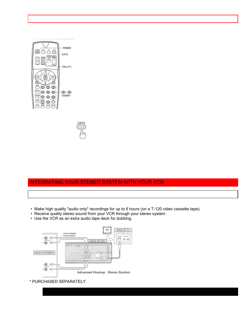 Integrating your stereo system with your vcr, Hookup to record from stereo, Using the vcr remote to control your cable box | Hitachi VT-FX6411A User Manual | Page 74 / 81