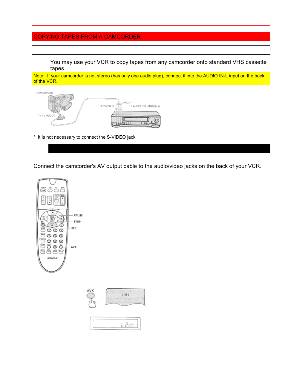 Copying tapes from a camcorder, Hook-up to copy from a camcorder | Hitachi VT-FX6411A User Manual | Page 76 / 81