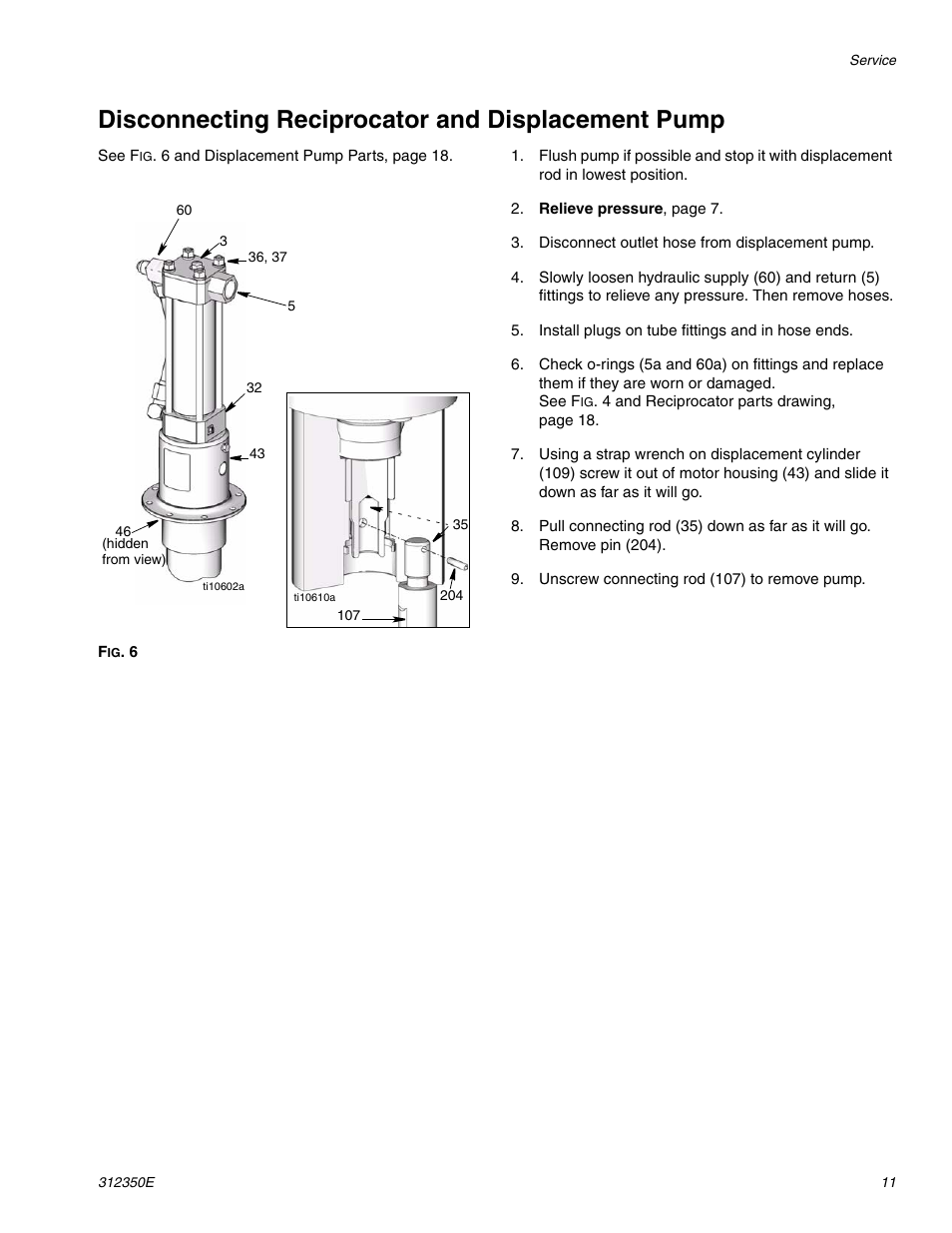 Disconnecting reciprocator and displacement pump | Hitachi 312350E User Manual | Page 11 / 24