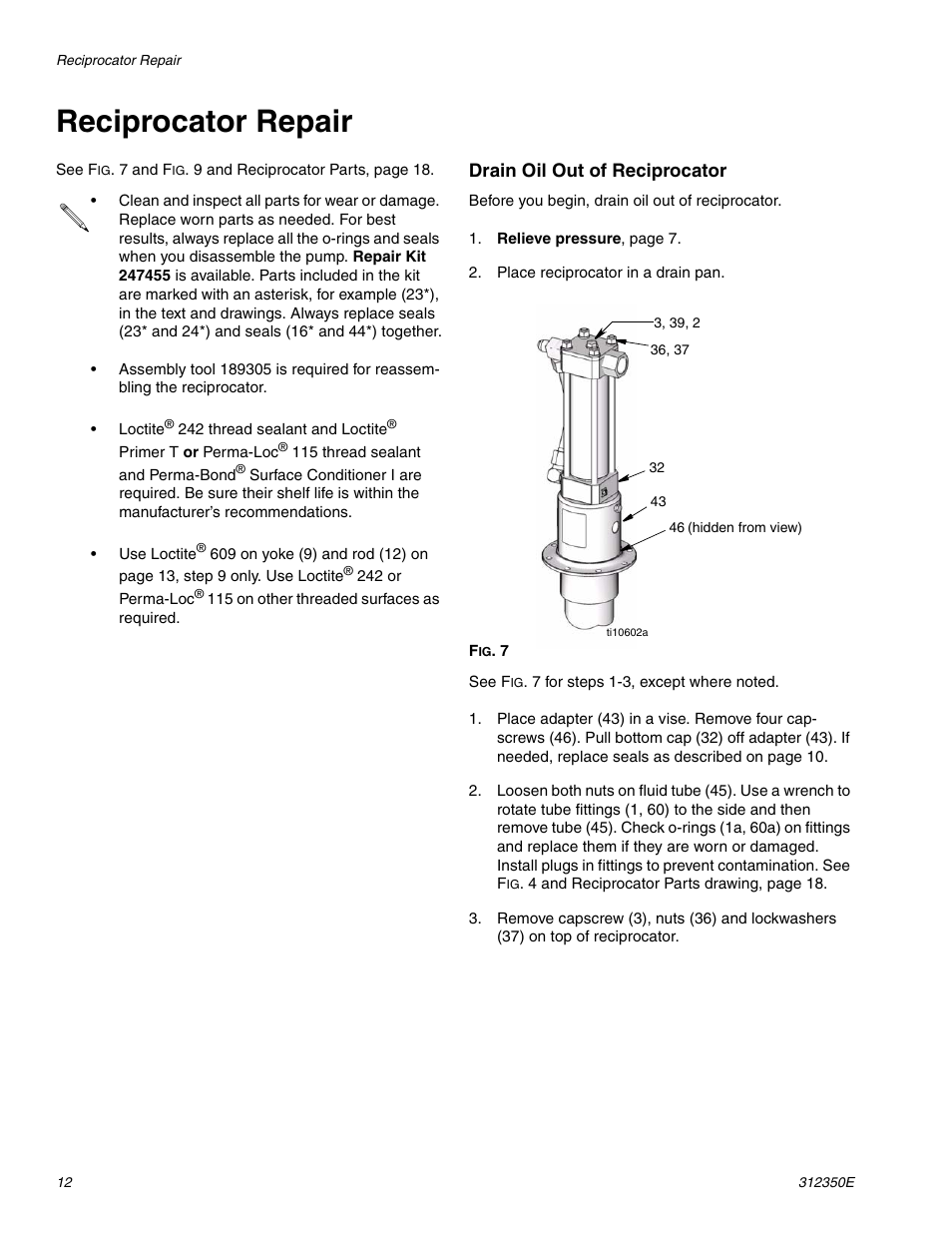 Reciprocator repair, Drain oil out of reciprocator | Hitachi 312350E User Manual | Page 12 / 24