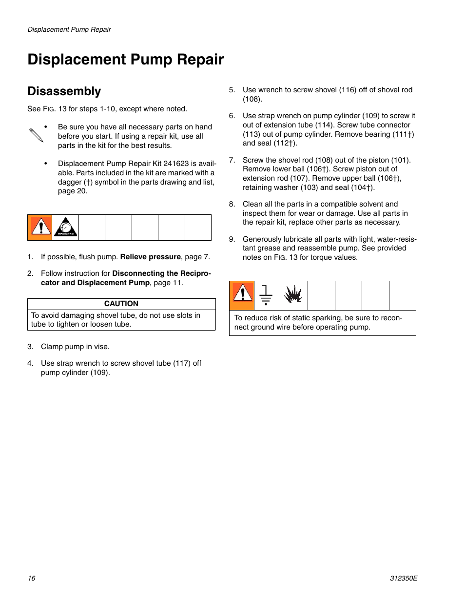 Displacement pump repair, Disassembly | Hitachi 312350E User Manual | Page 16 / 24