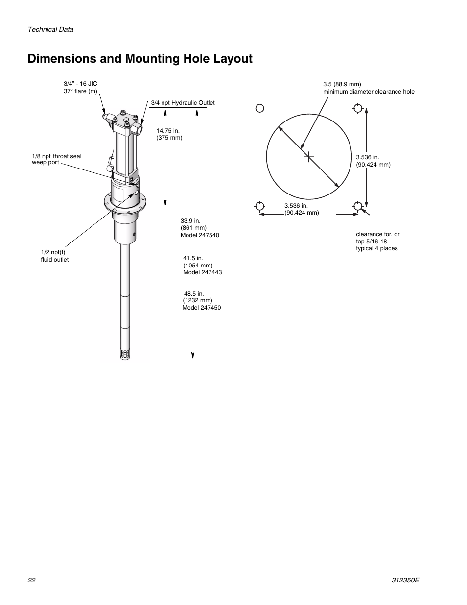 Dimensions and mounting hole layout | Hitachi 312350E User Manual | Page 22 / 24