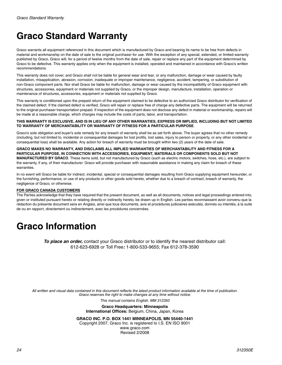 Graco standard warranty, Graco information | Hitachi 312350E User Manual | Page 24 / 24