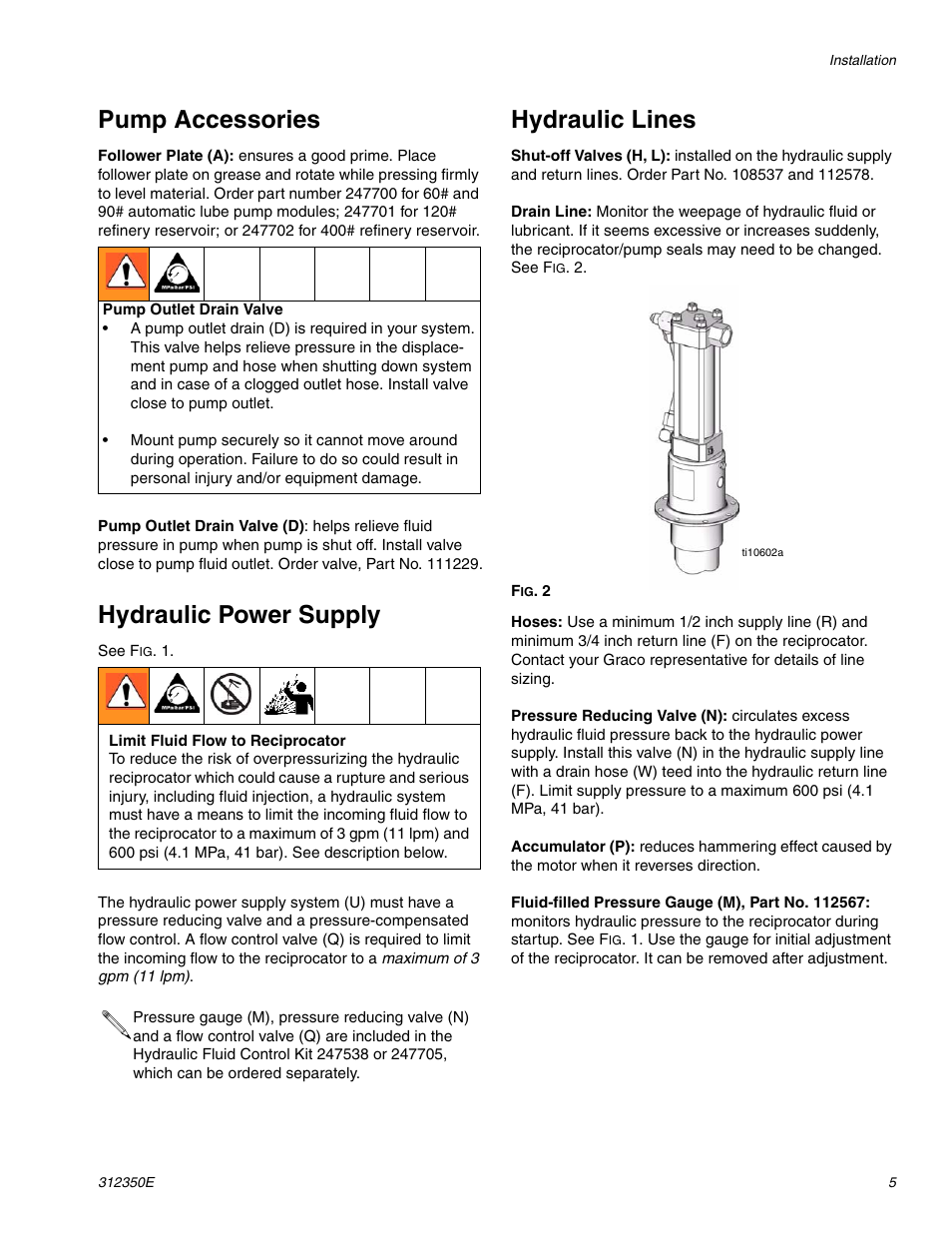 Pump accessories, Hydraulic power supply, Hydraulic lines | Hitachi 312350E User Manual | Page 5 / 24