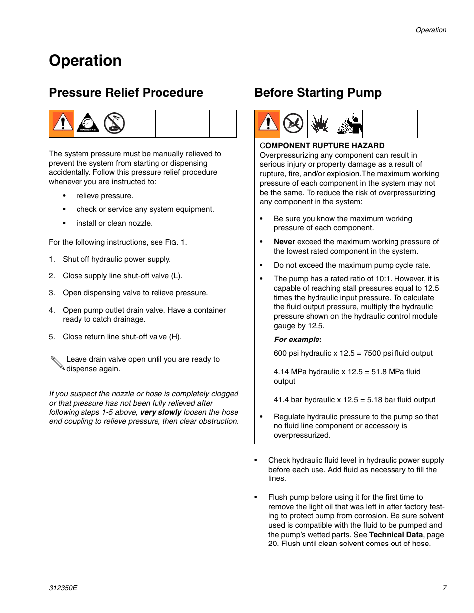 Operation, Pressure relief procedure, Before starting pump | Hitachi 312350E User Manual | Page 7 / 24