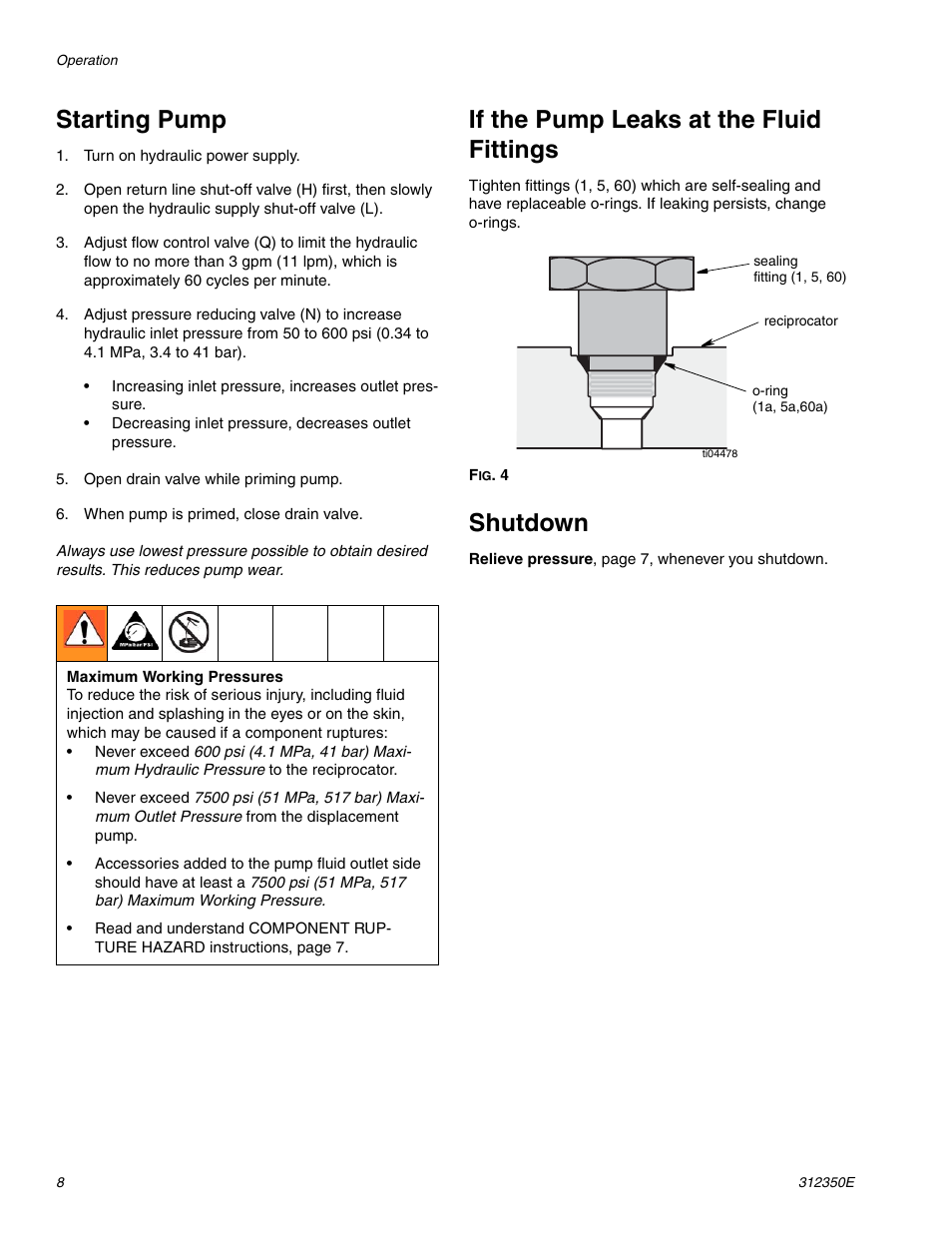 Starting pump, If the pump leaks at the fluid fittings, Shutdown | Hitachi 312350E User Manual | Page 8 / 24