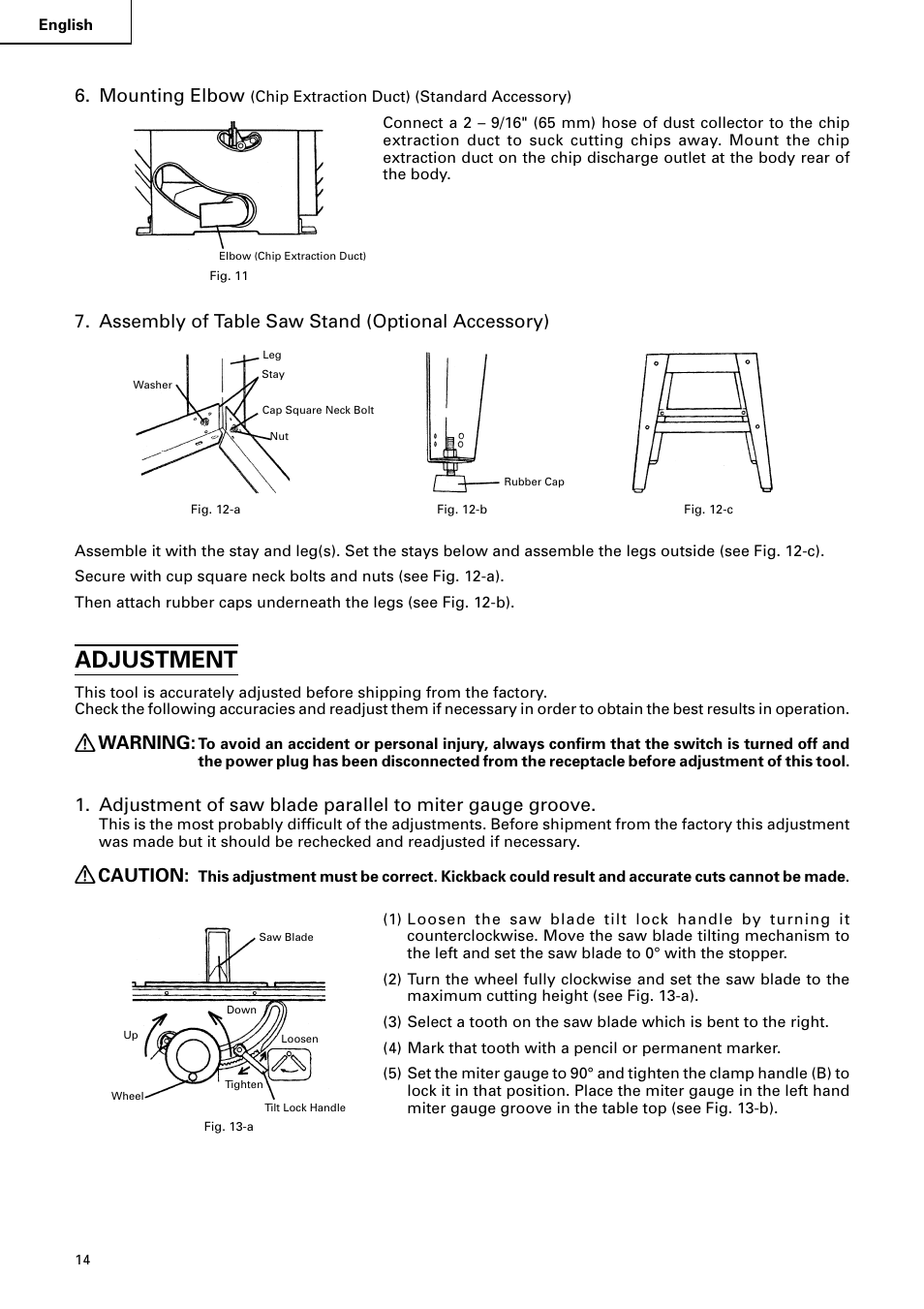 Adjustment, Mounting elbow, Assembly of table saw stand (optional accessory) | Warning, Caution | Hitachi C10RA2 User Manual | Page 14 / 85