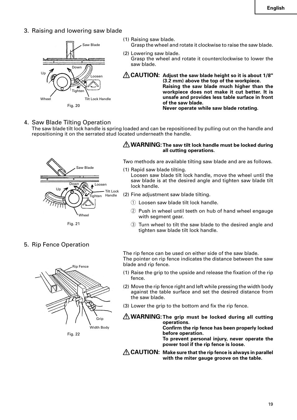 Raising and lowering saw blade, Caution, Saw blade tilting operation | Warning, Rip fence operation | Hitachi C10RA2 User Manual | Page 19 / 85