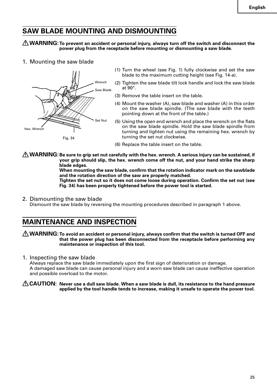 Saw blade mounting and dismounting, Maintenance and inspection | Hitachi C10RA2 User Manual | Page 25 / 85