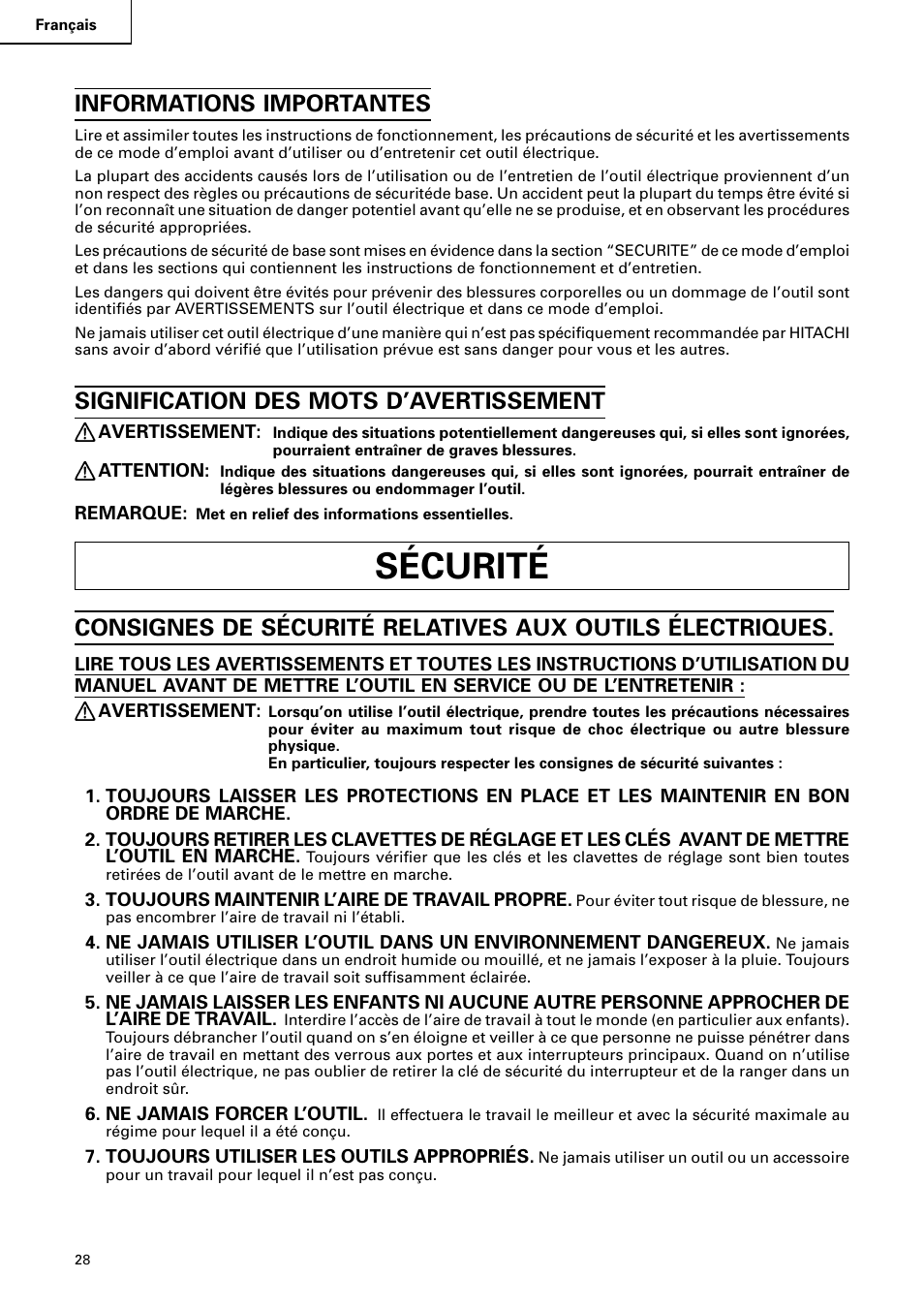 Sécurité, Informations importantes, Signification des mots d’avertissement | Hitachi C10RA2 User Manual | Page 28 / 85