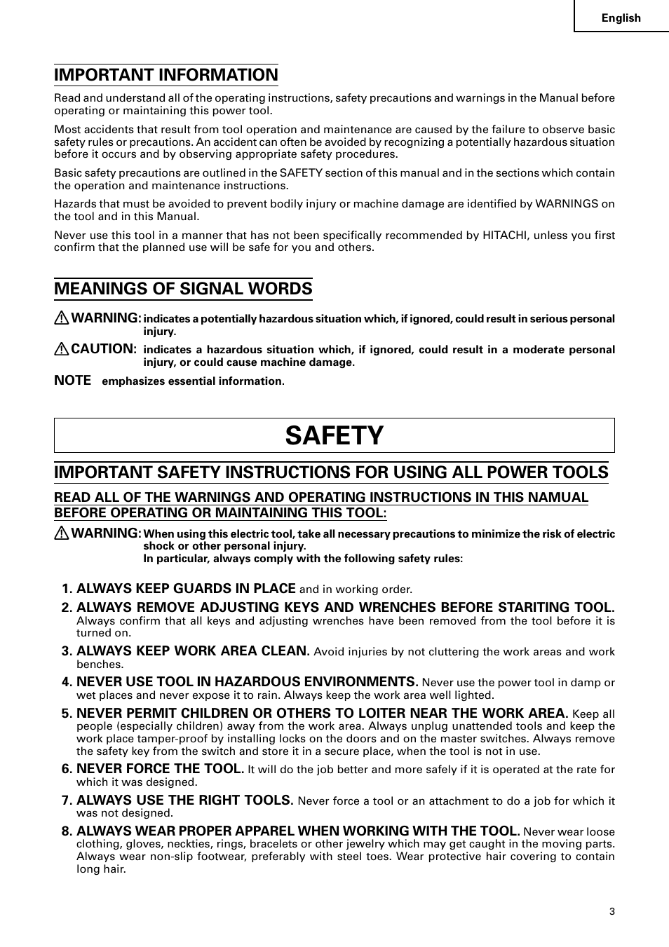 Safety, Important information, Meanings of signal words | Hitachi C10RA2 User Manual | Page 3 / 85