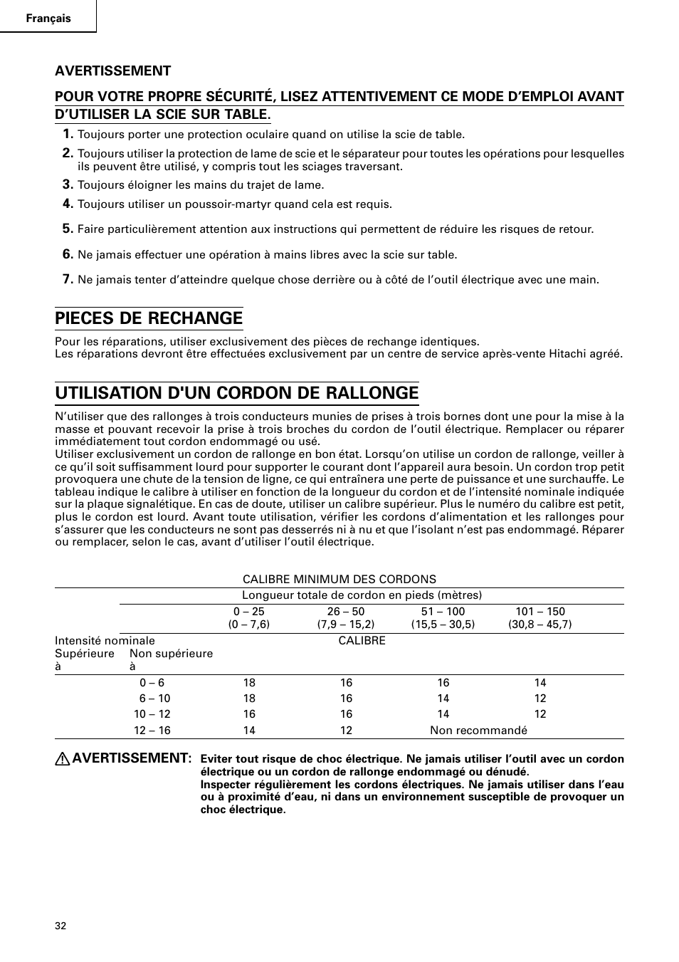 Pieces de rechange, Utilisation d'un cordon de rallonge | Hitachi C10RA2 User Manual | Page 32 / 85