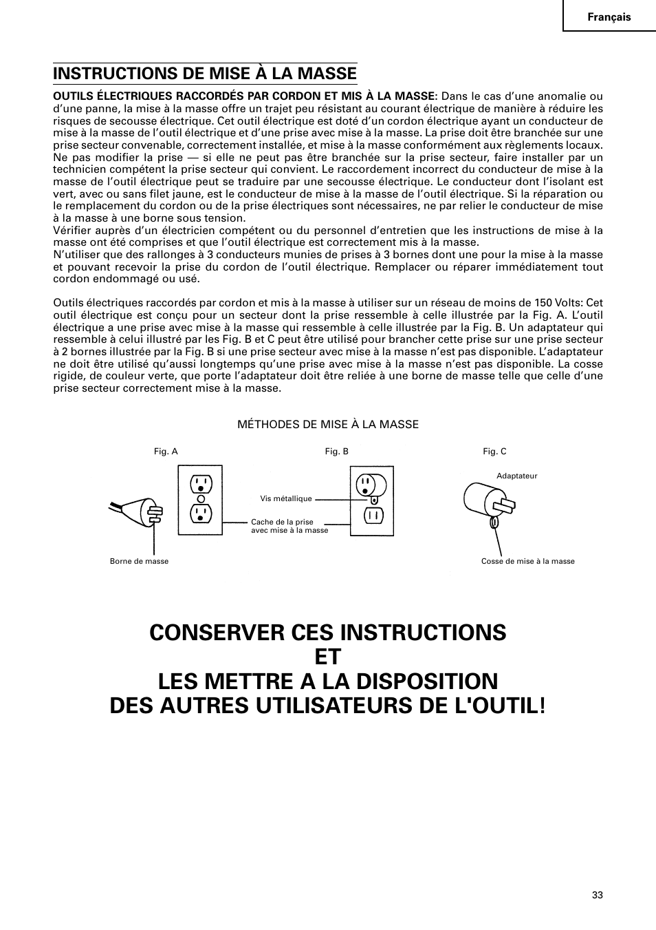 Instructions de mise à la masse | Hitachi C10RA2 User Manual | Page 33 / 85