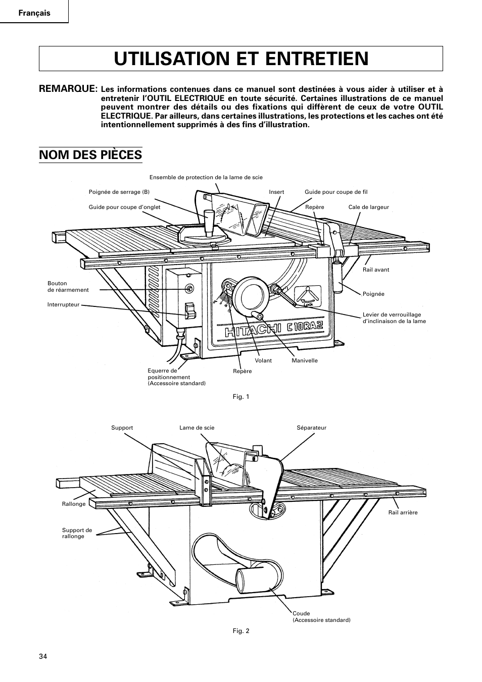 Utilisation et entretien, Nom des pièces, Remarque | Hitachi C10RA2 User Manual | Page 34 / 85