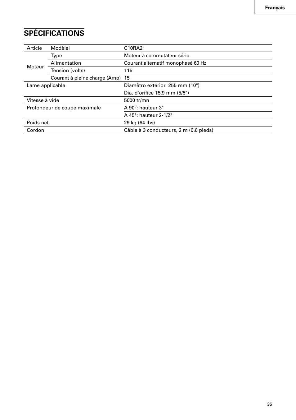 Spécifications | Hitachi C10RA2 User Manual | Page 35 / 85