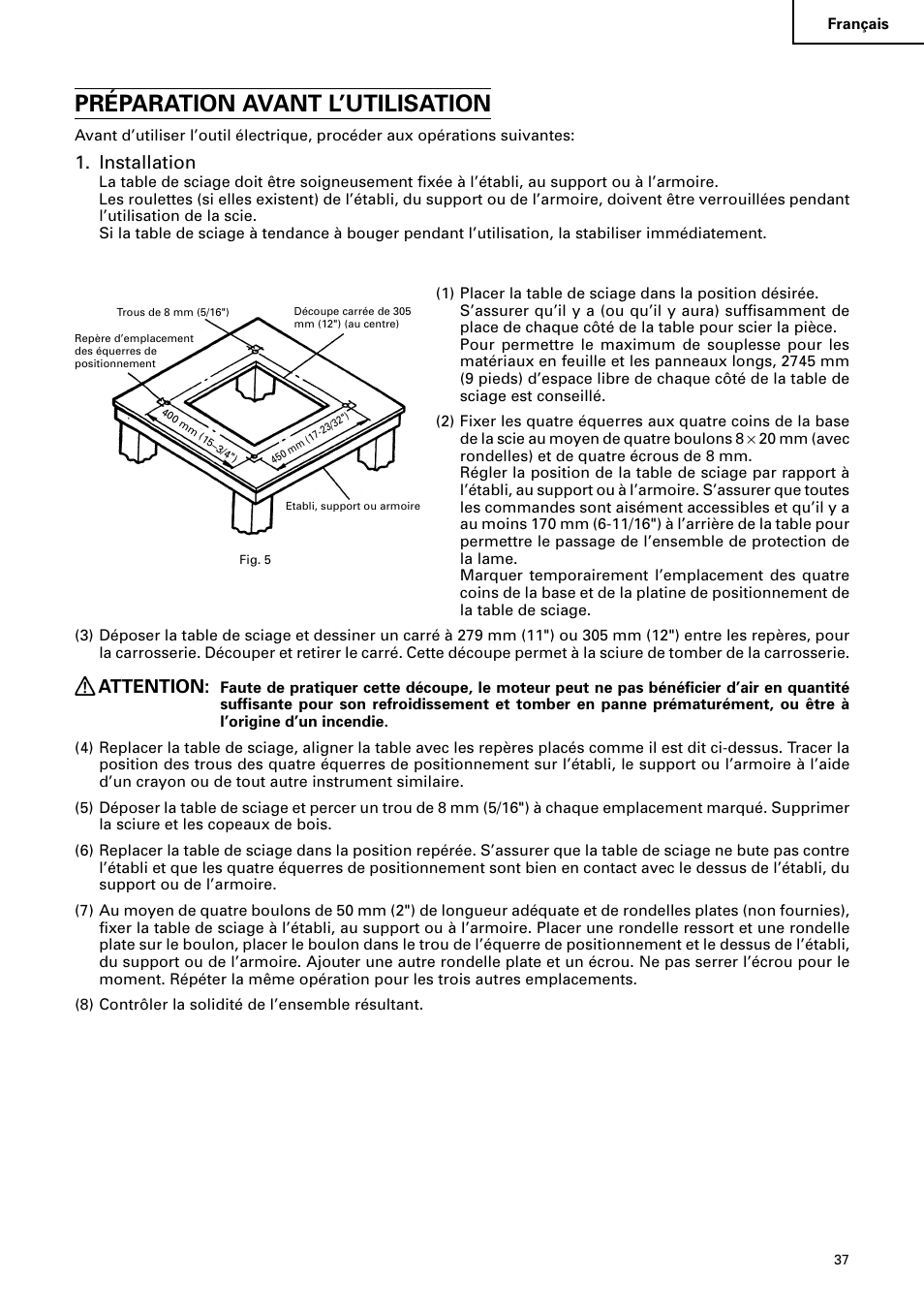 Préparation avant l’utilisation, Installation, Attention | Hitachi C10RA2 User Manual | Page 37 / 85