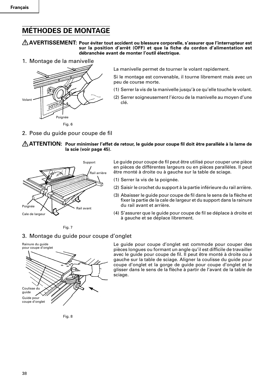 Méthodes de montage, Avertissement, Montage de la manivelle | Pose du guide pour coupe de fil attention, Montage du guide pour coupe d’onglet | Hitachi C10RA2 User Manual | Page 38 / 85