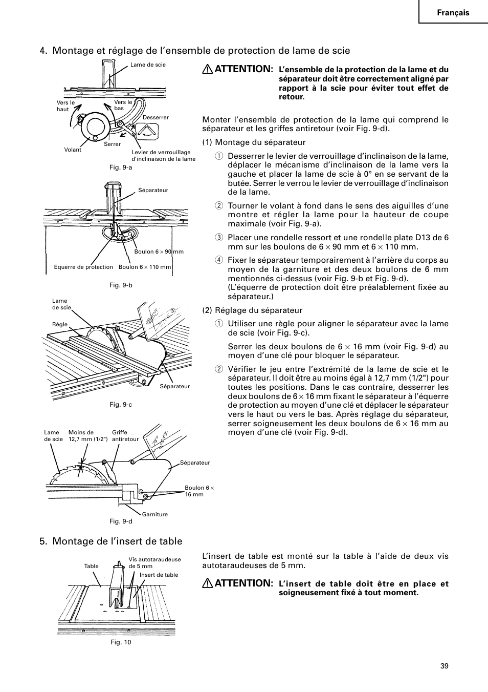Montage de l’insert de table, Attention | Hitachi C10RA2 User Manual | Page 39 / 85