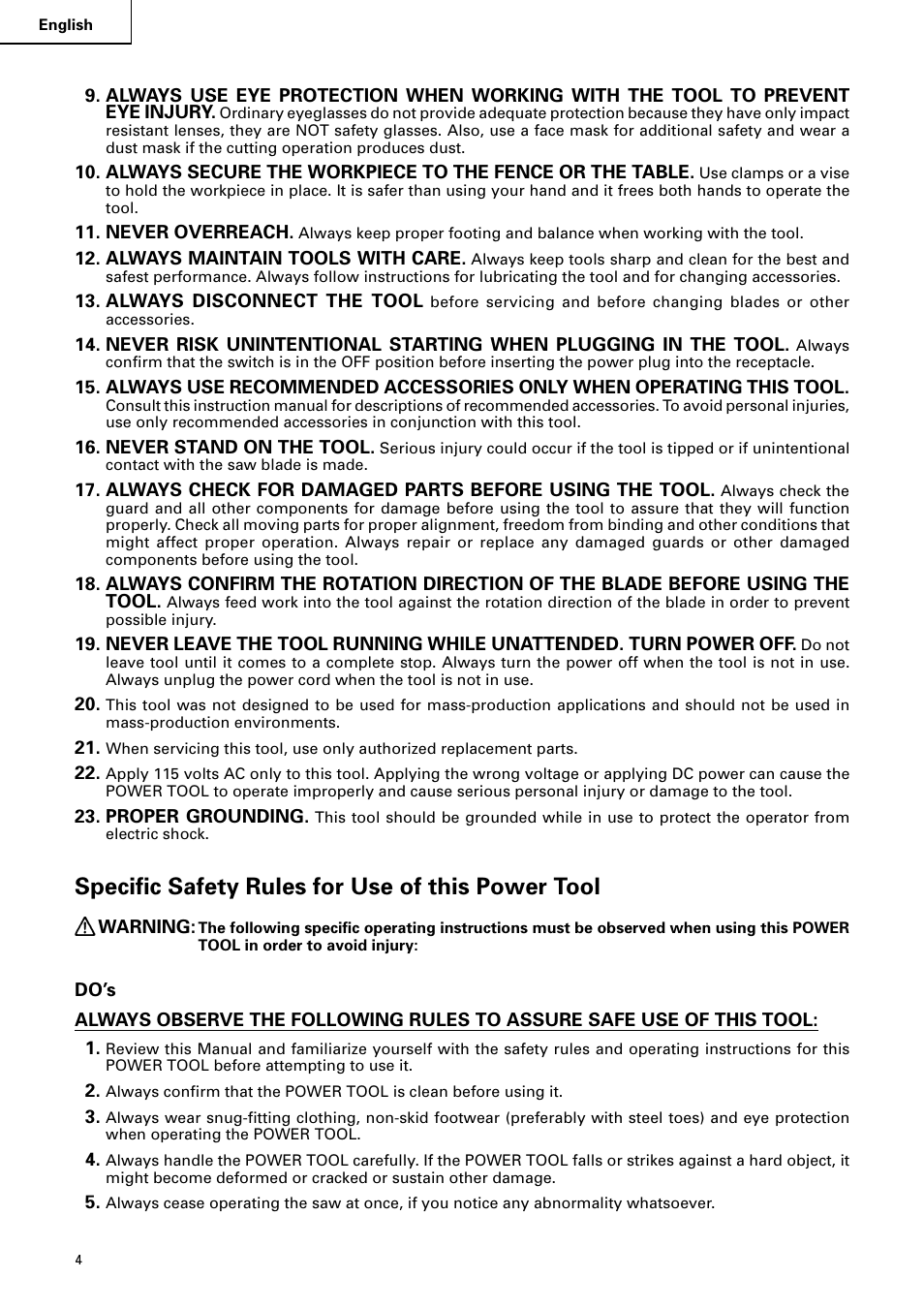 Specific safety rules for use of this power tool | Hitachi C10RA2 User Manual | Page 4 / 85