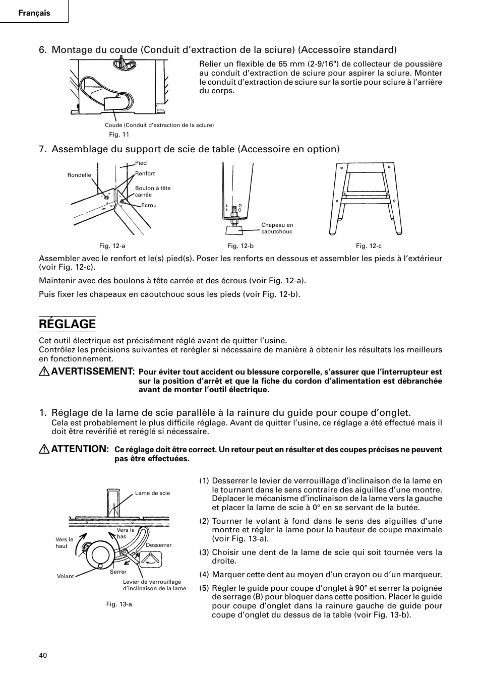 Réglage, Avertissement, Attention | Hitachi C10RA2 User Manual | Page 40 / 85