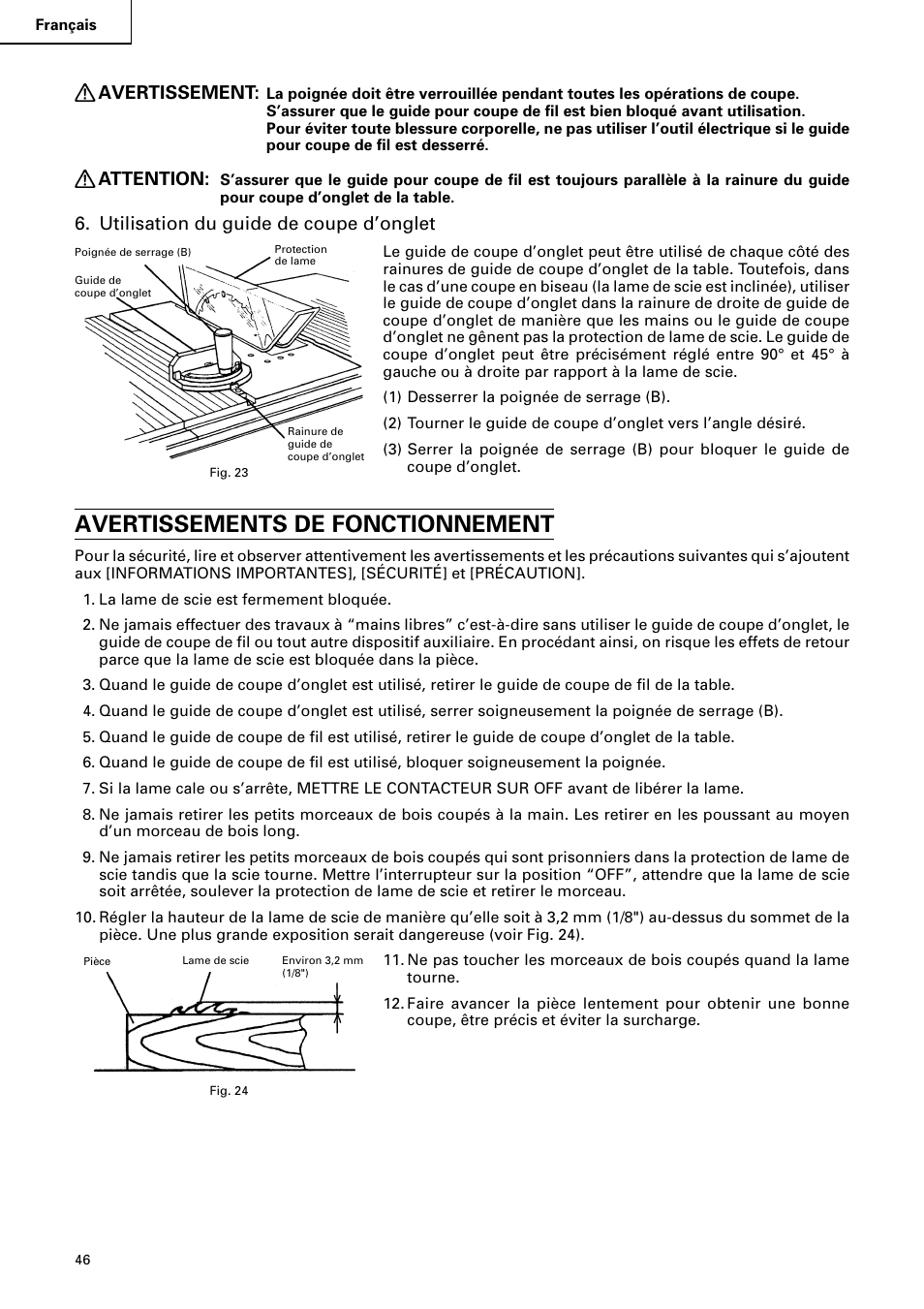 Avertissements de fonctionnement, Avertissement, Attention | Utilisation du guide de coupe d’onglet | Hitachi C10RA2 User Manual | Page 46 / 85