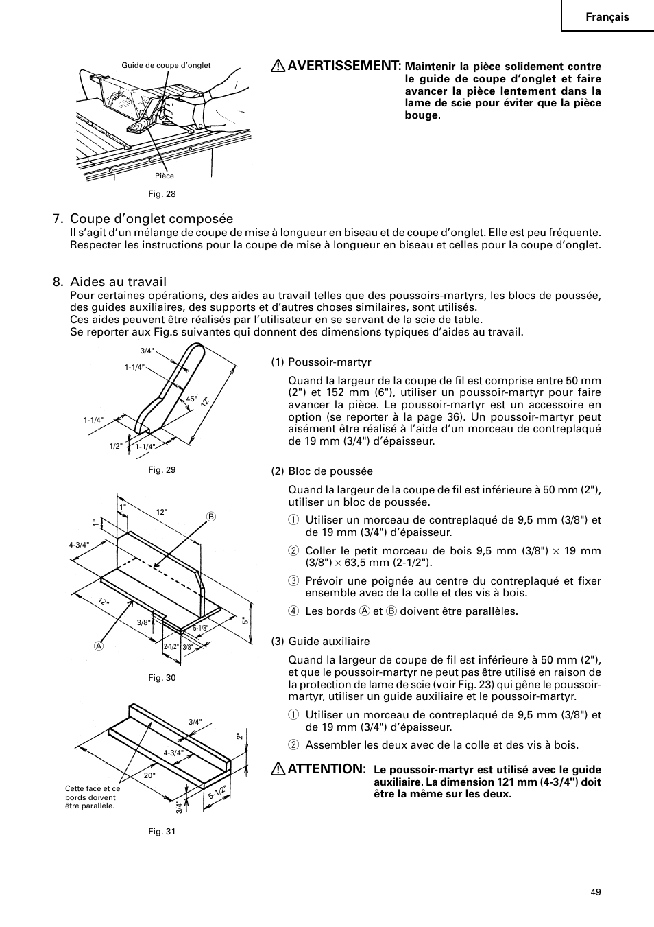 Avertissement, Coupe d’onglet composée, Aides au travail | Attention | Hitachi C10RA2 User Manual | Page 49 / 85