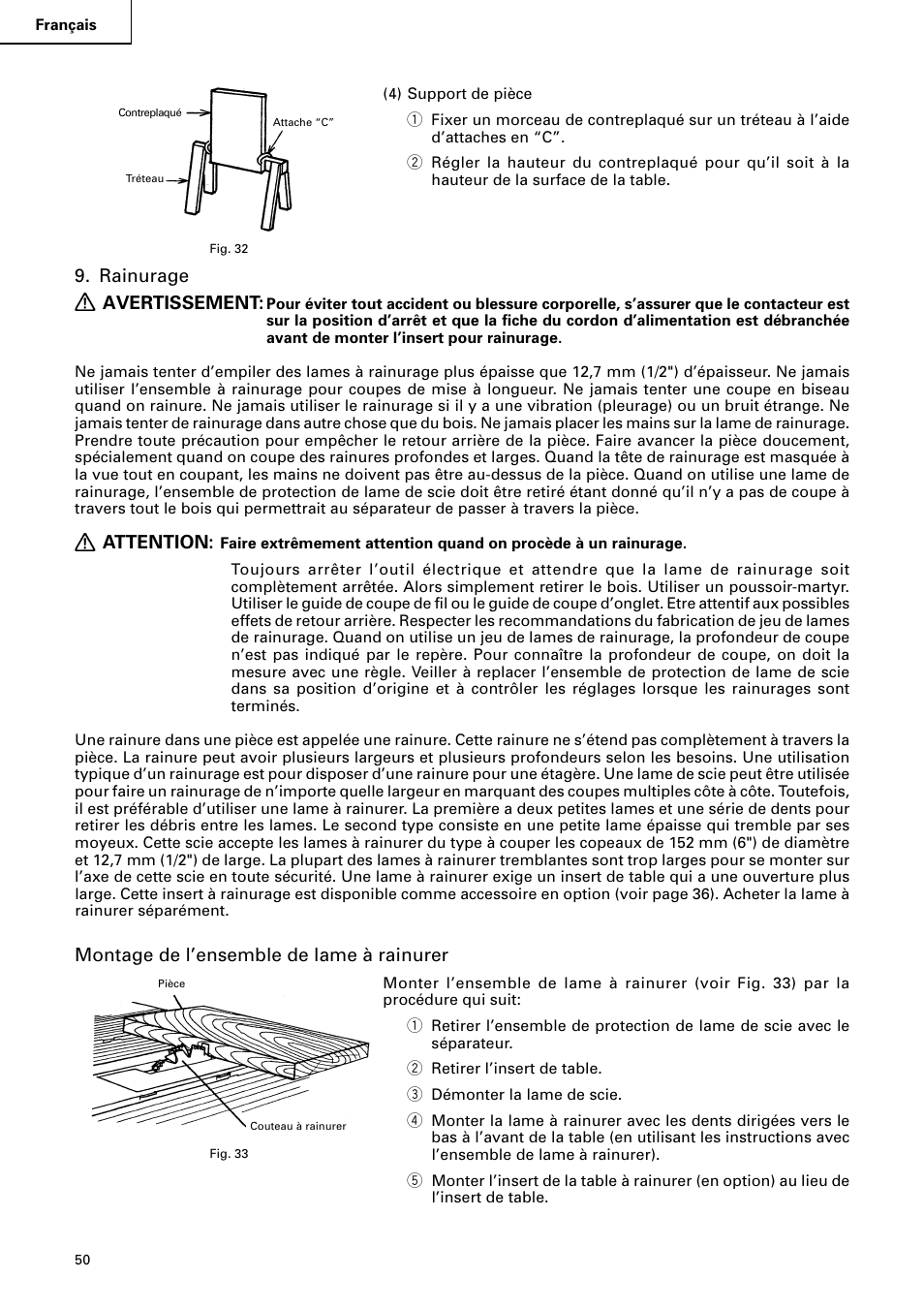 Rainurage, Avertissement, Attention | Montage de l’ensemble de lame à rainurer | Hitachi C10RA2 User Manual | Page 50 / 85