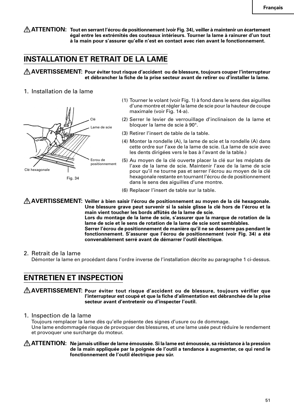 Installation et retrait de la lame, Entretien et inspection | Hitachi C10RA2 User Manual | Page 51 / 85