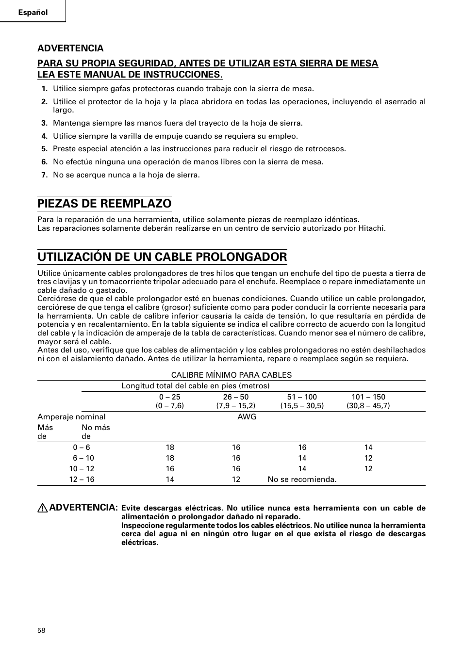 Piezas de reemplazo, Utilización de un cable prolongador | Hitachi C10RA2 User Manual | Page 58 / 85