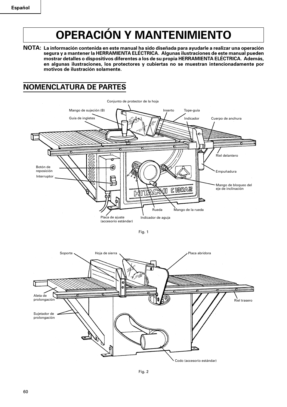 Operación y mantenimiento, Nomenclatura de partes, Nota | Hitachi C10RA2 User Manual | Page 60 / 85