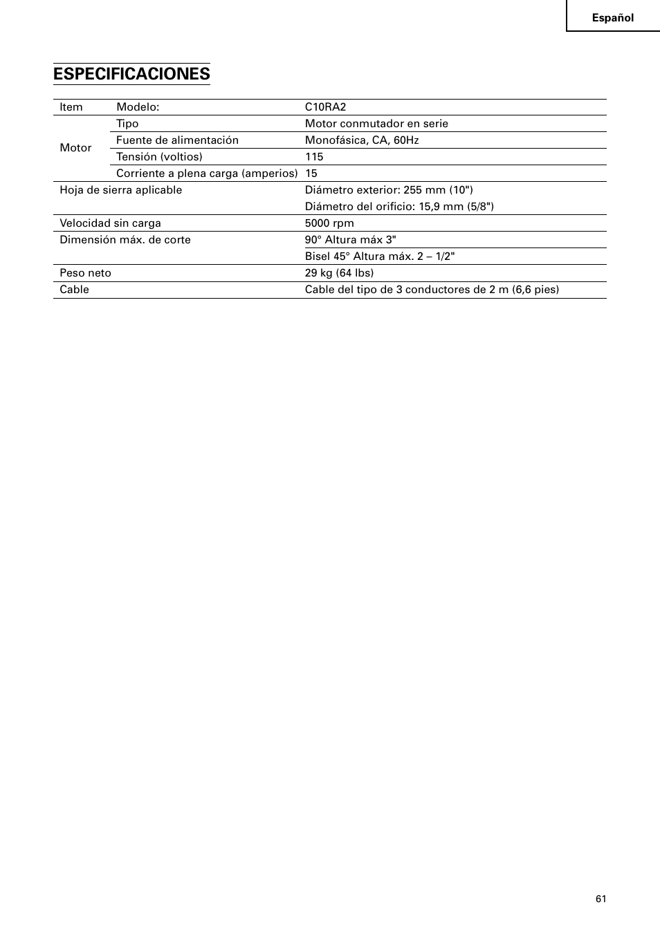 Especificaciones | Hitachi C10RA2 User Manual | Page 61 / 85