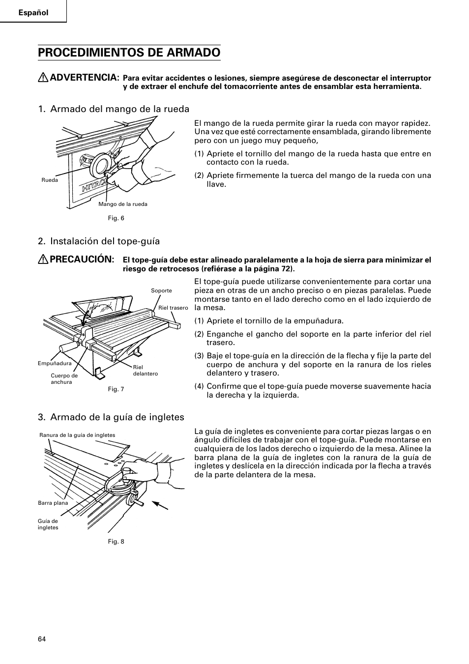 Procedimientos de armado, Advertencia, Armado del mango de la rueda | Instalación del tope-guía precaución, Armado de la guía de ingletes | Hitachi C10RA2 User Manual | Page 64 / 85