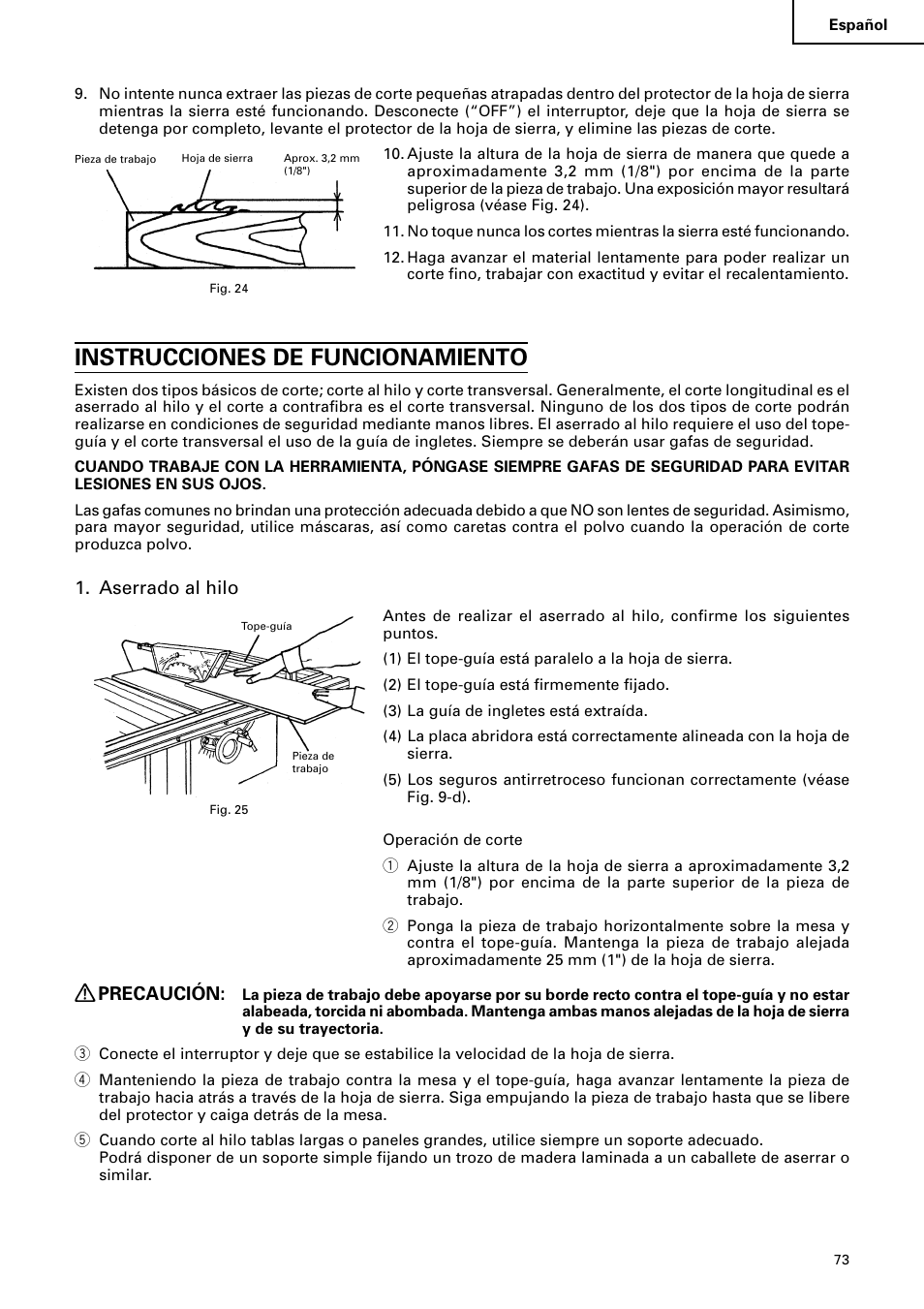 Instrucciones de funcionamiento, Aserrado al hilo, Precaución | Hitachi C10RA2 User Manual | Page 73 / 85