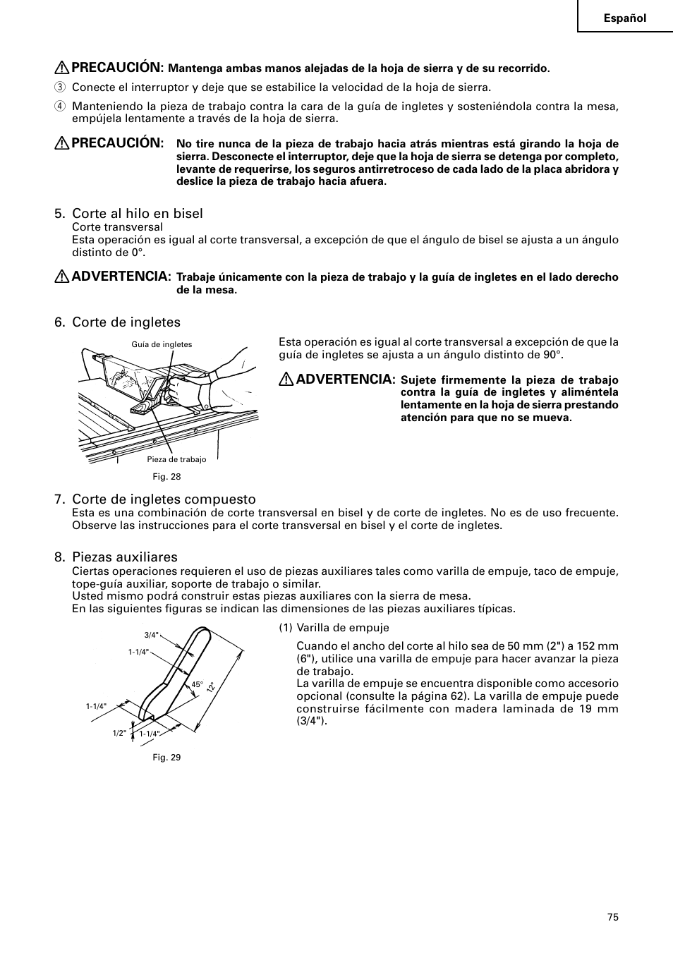 Precaución, Corte al hilo en bisel, Advertencia | Corte de ingletes, Corte de ingletes compuesto, Piezas auxiliares | Hitachi C10RA2 User Manual | Page 75 / 85
