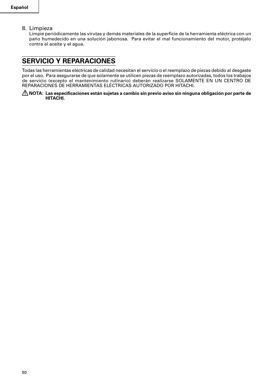 Servicio y reparaciones | Hitachi C10RA2 User Manual | Page 80 / 85