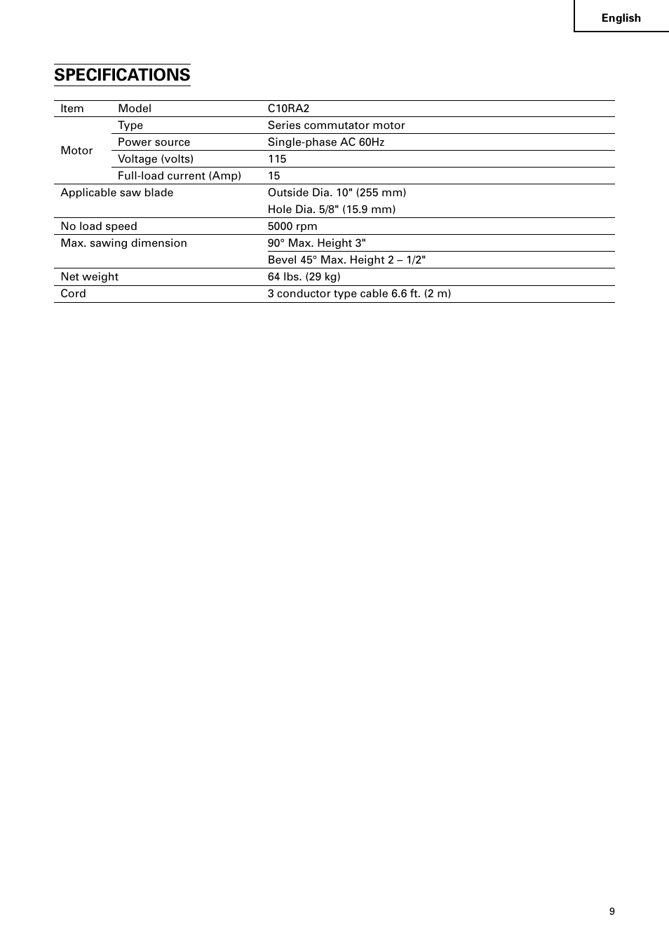 Specifications | Hitachi C10RA2 User Manual | Page 9 / 85
